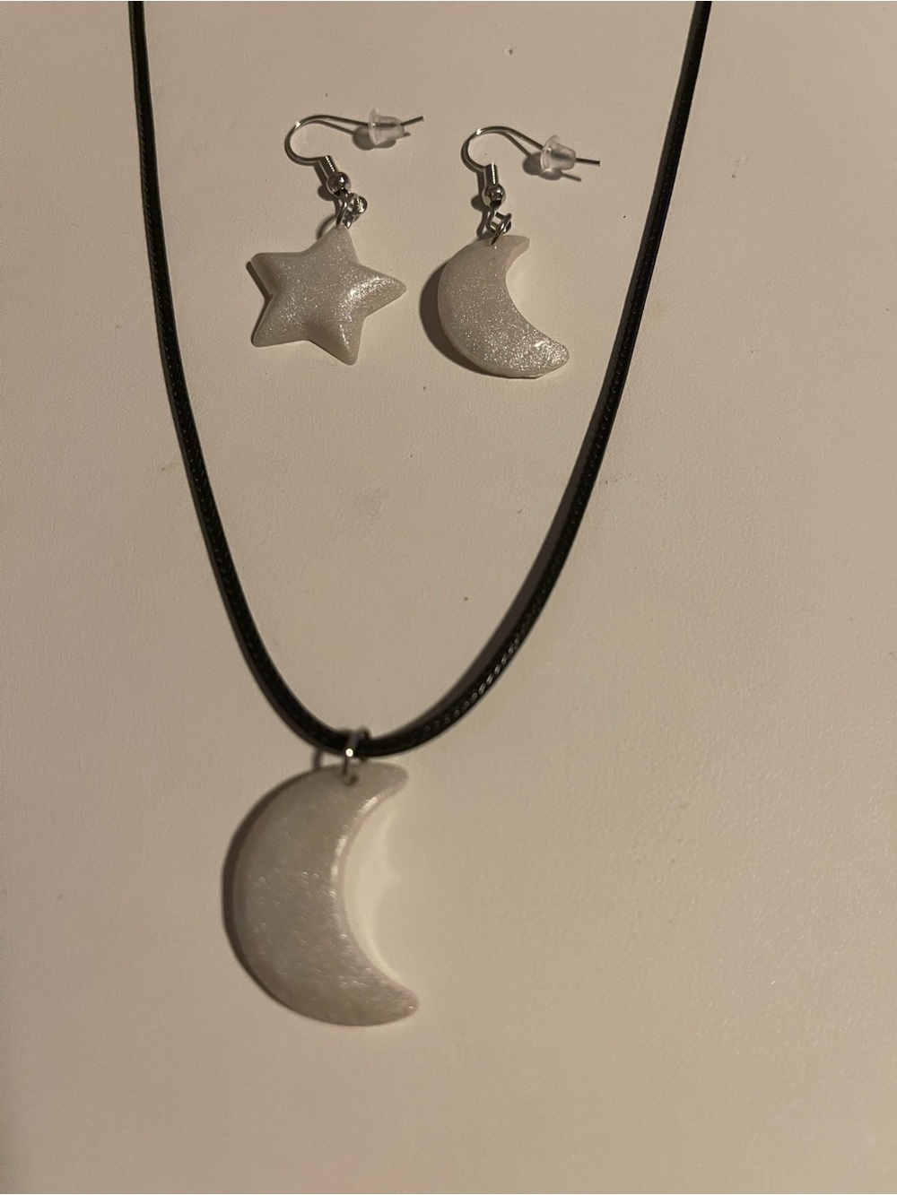 Moon & Star Pendant Necklace and Earring Set - White Crescent Moon and Star